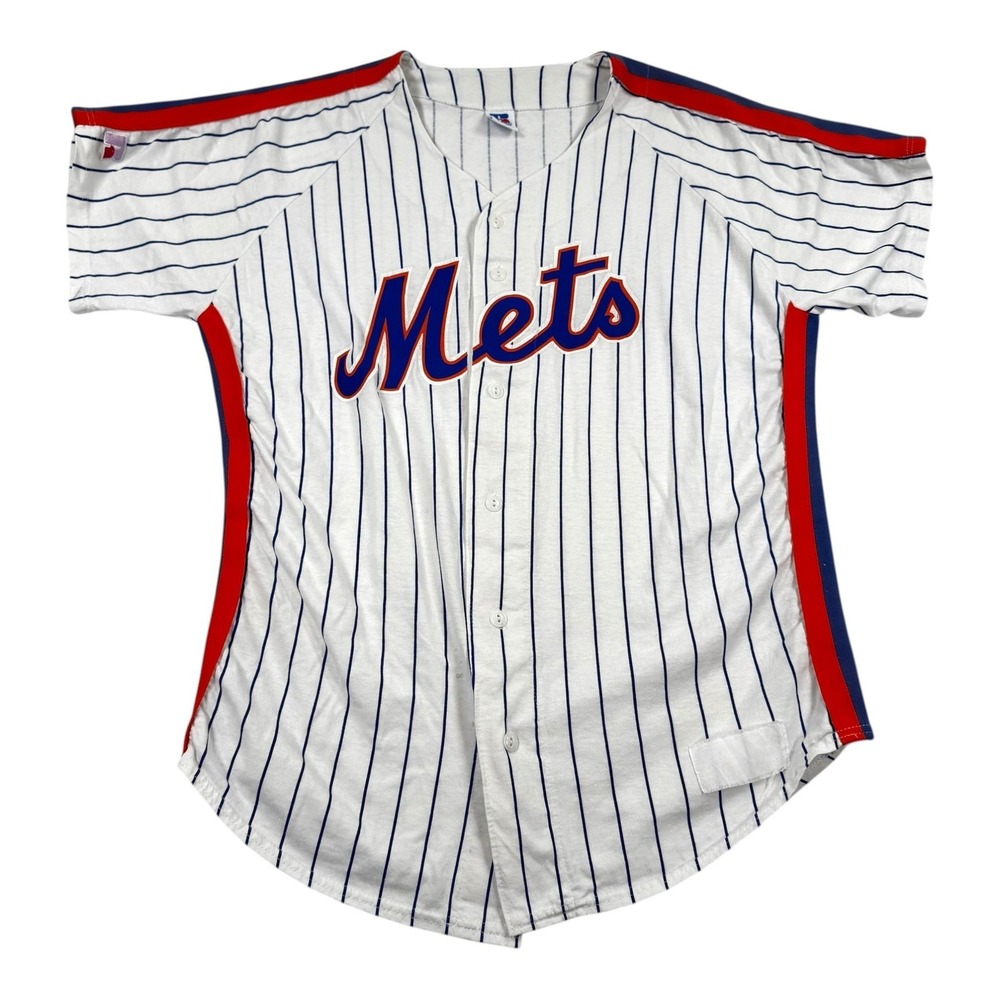 Vintage New York Mets Jersey Mens Large White Pinstripe MLB Baseball Russell